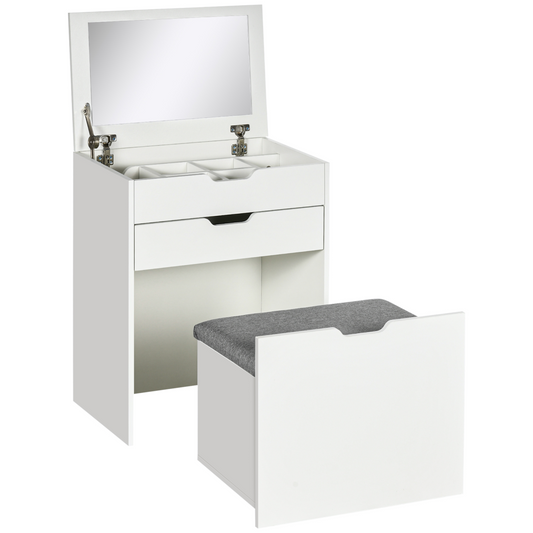 Dressing Table Set with Flip-up Mirror & Stool, Drawer and Compartments, White