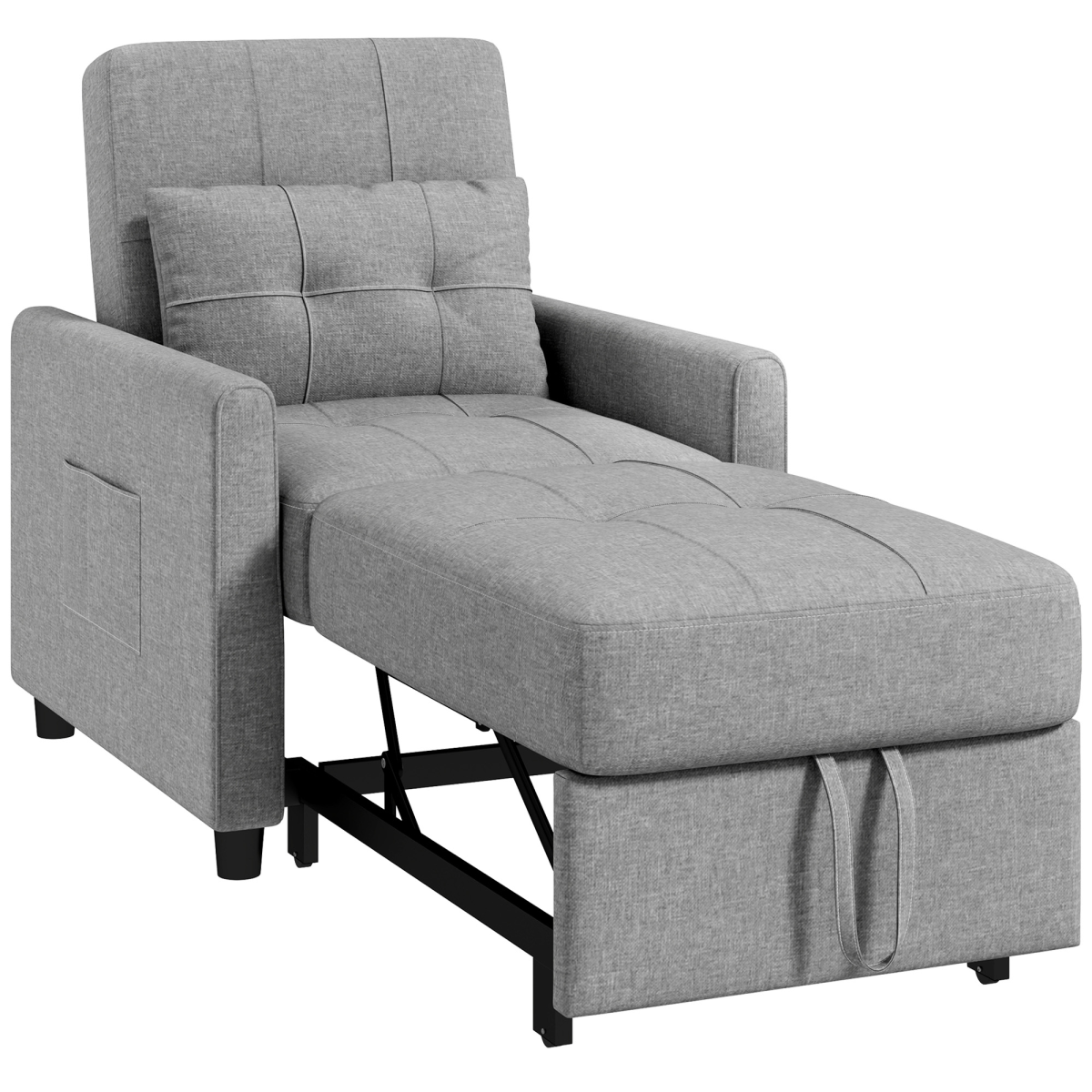 HOMCOM Pull Out Chair Bed, Sleeper Chair with Pillow, Side Pockets, Light Grey