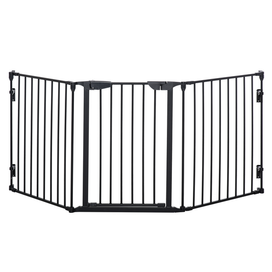 Pet Gate 3-Panel Dog Playpen for Indoor Stair Barrier with Walk Through Door Black