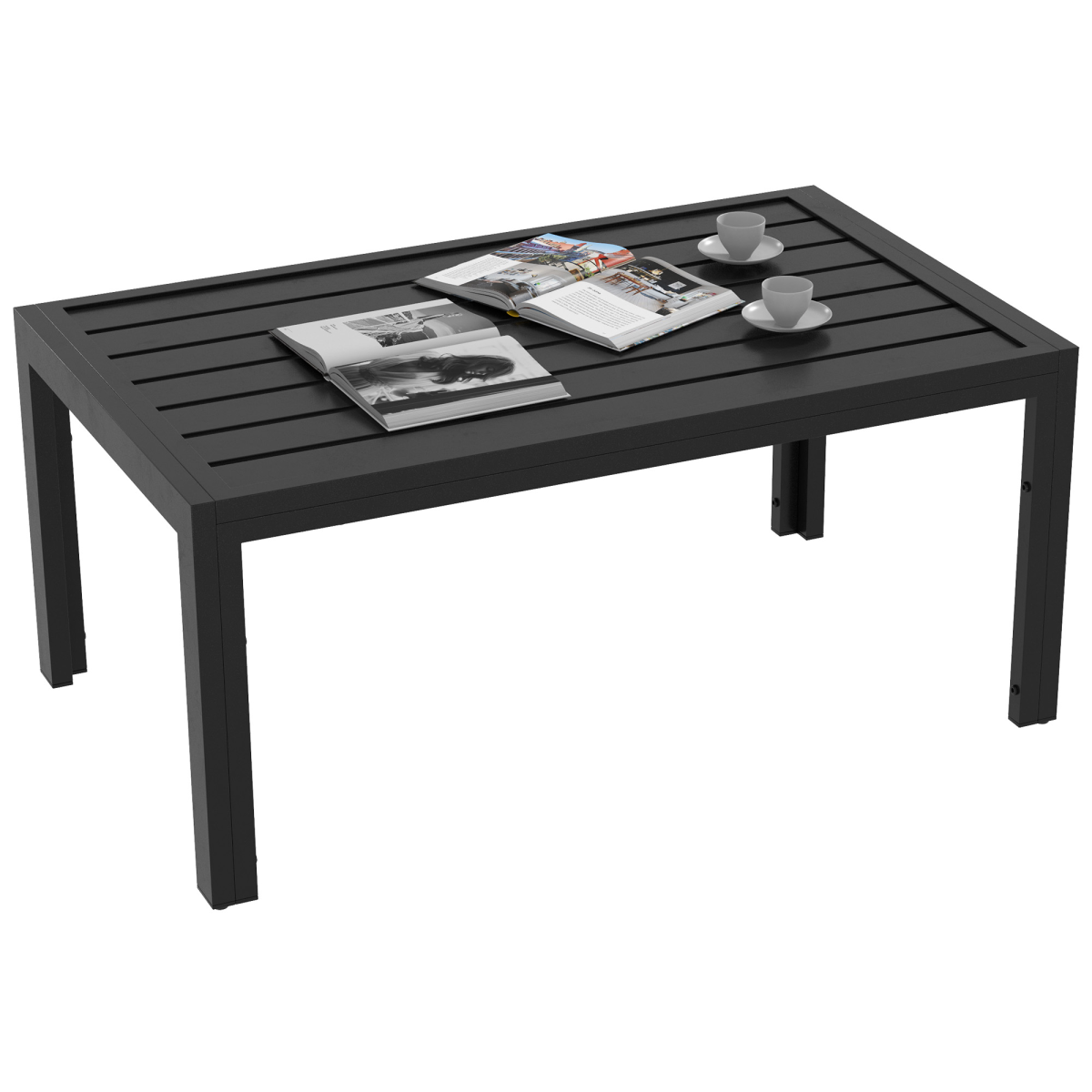 Outsunny Outdoor Side Table Garden Table with Steel Frame and Slat Top Black