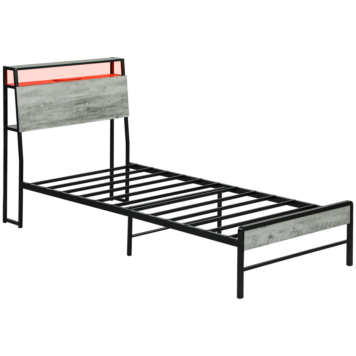 HOMCOM LED Single Bed Frame with Charging Station, 90 x 190cm, Cement Grey