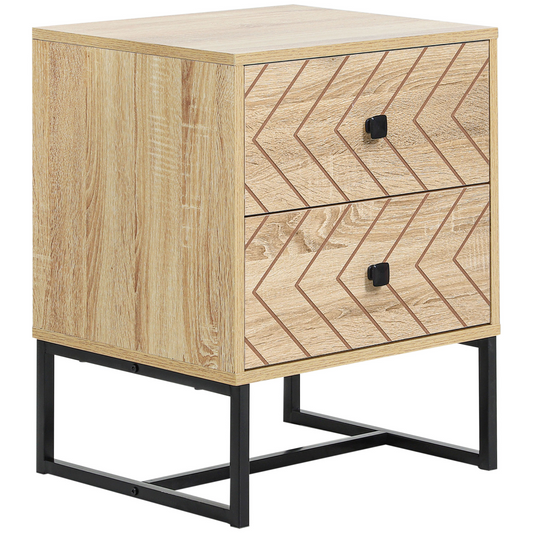 Bedside Table 2 Drawer Unit Zig Zag Design with Black Metal Handles