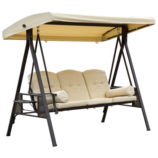 Steel Swing Chair Hammock Garden 3 Seater Canopy Cushion Shelter Beige