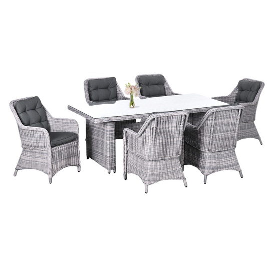 7 PCS Patio PE Rattan Wicker Dining Table Set Furniture w/ Tempered Glass