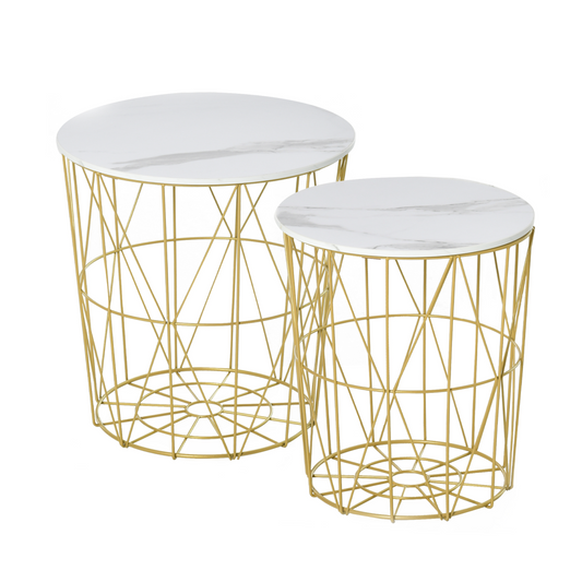 HOMCOM Set of 2 Nesting End Tables Side Tables with Basket Removable Top, White