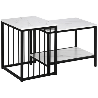HOMCOM Modern Coffee Table Set of Two  Steel Frame Marble-Effect White, Black