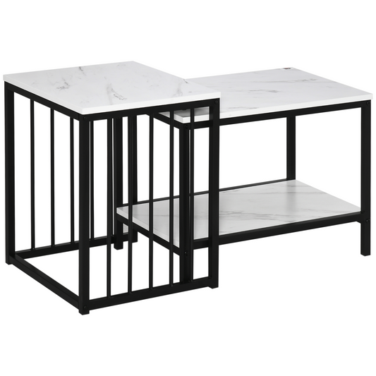 HOMCOM Modern Coffee Table Set of Two  Steel Frame Marble-Effect White, Black