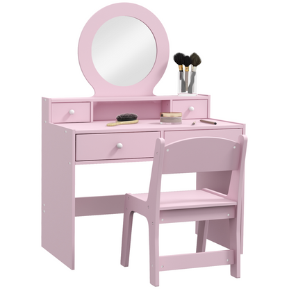 AIYAPLAY Kids Dressing Table Set w/ Stool, Mirror, Drawers - Pink