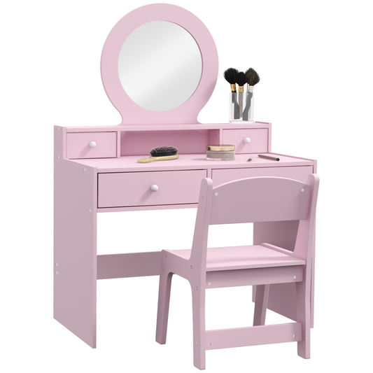 AIYAPLAY Kids Dressing Table Set w/ Stool, Mirror, Drawers - Pink