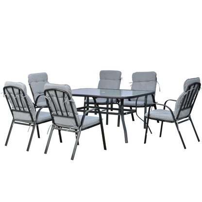 Outsunny 7 PCs Garden Dining Set, Glass Table w/ Umbrella Hole & Cushion, Black