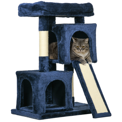PawHut Cat Rest & Play Activity Tree w/ 2 House Perch Scratching Post Navy Blue