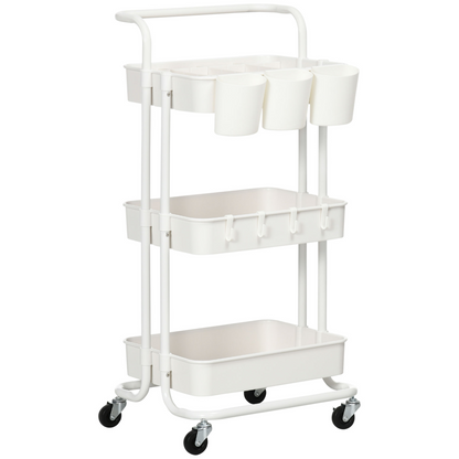 HOMCOM 3-Tier Utility Cart, Rolling Serving Trolley with Baskets and Hooks