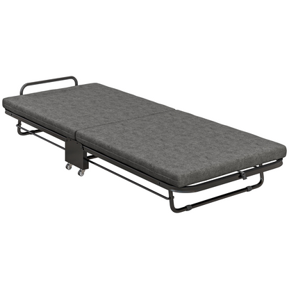 HOMCOM Single Folding Bed with Mattress Foldable Guest Bed on Wheels, Grey