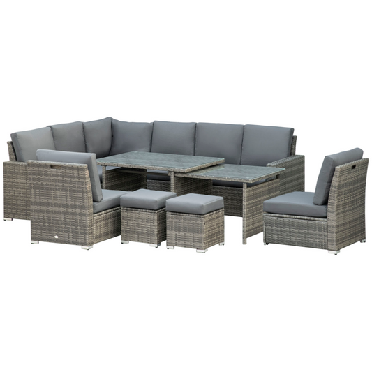 Outsunny 10-Seater Sofa Sectional with Cushioned Seat, Footstools and Glass Table