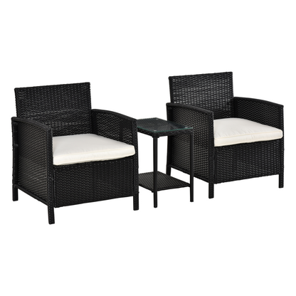 2-Seater PE Rattan Side Table & Armchair Bistro Set w/ Pillows Black