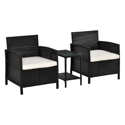 2-Seater PE Rattan Side Table & Armchair Bistro Set w/ Pillows Black