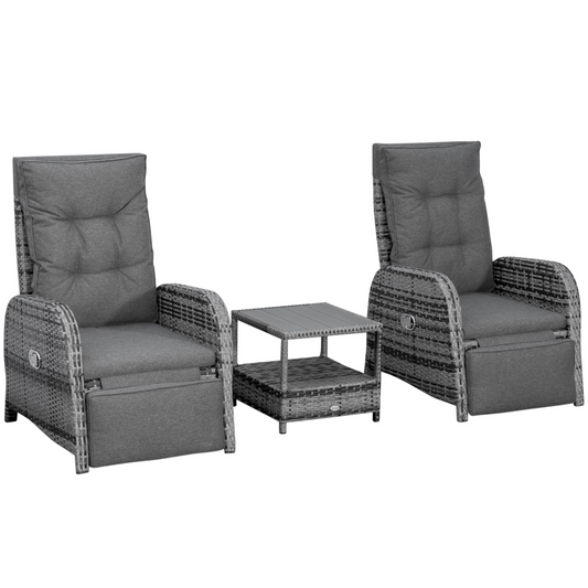 3 Pcs Rattan Chaise Lounge Sofa Set Bistro & Cushion Mixed Grey