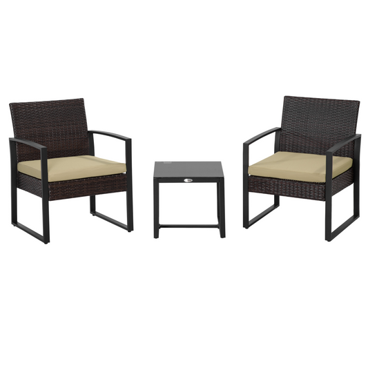 3Pc  Rattan Bistro Set, Patio , Sofa Coffee Table and Chairs Sets Beige