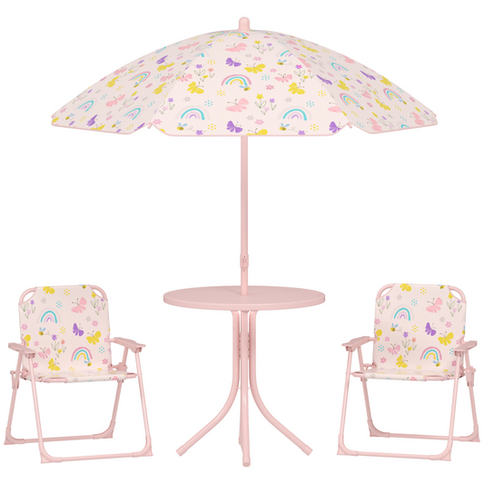 AIYAPLAY Kids Garden Table and Chair Set, Outdoor Patio Set w/ Parasol, Pink
