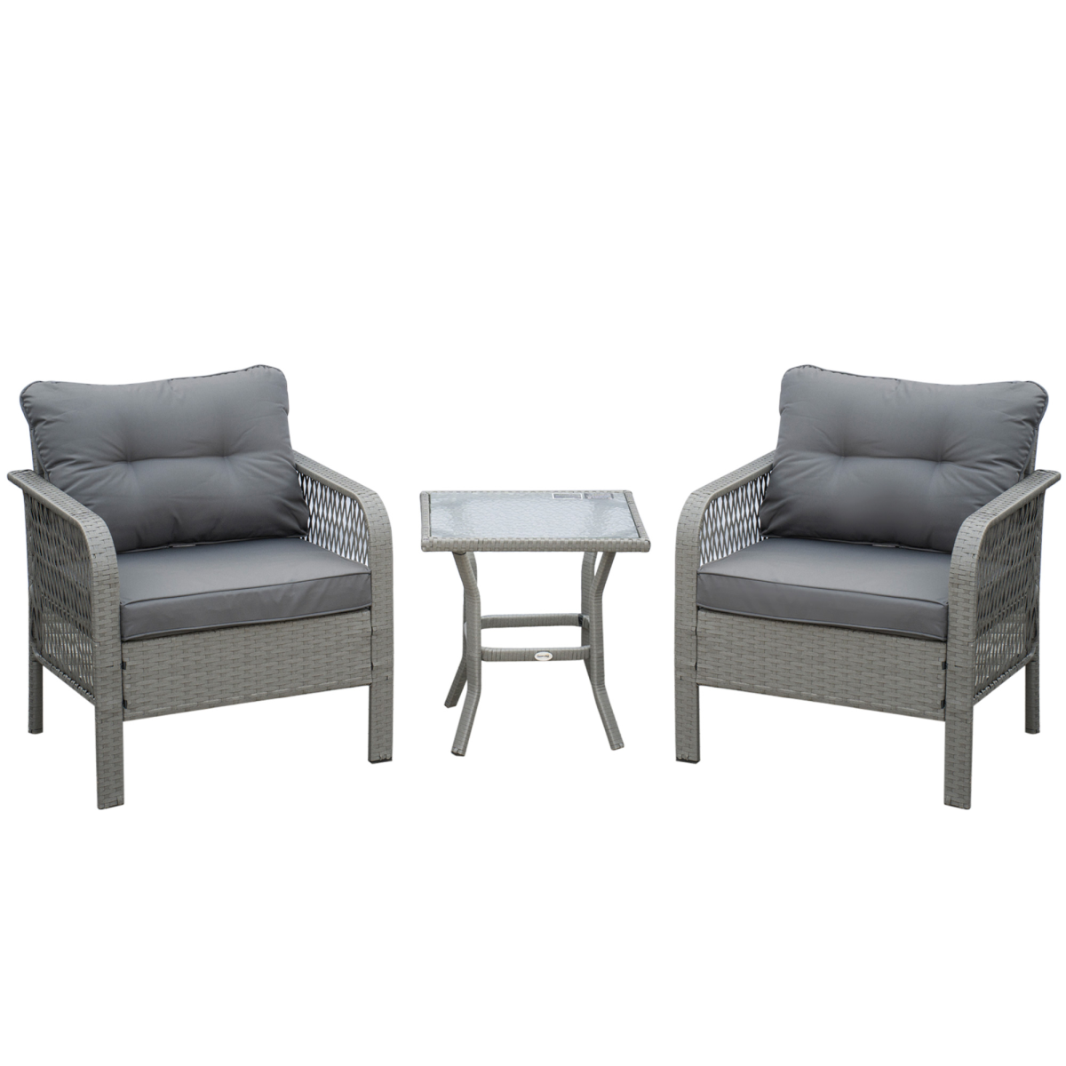 3 Pieces Patio PE Rattan Bistro Set w/ Armchairs Tempered Glass Table Outsunny