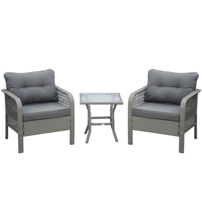 3 Pieces Patio PE Rattan Bistro Set w/ Armchairs Tempered Glass Table Outsunny