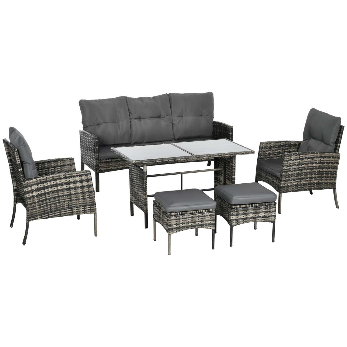 Outsunny Rattan Garden Furniture Sofa Set, 2 Armchairs 2 Footstools Table Grey