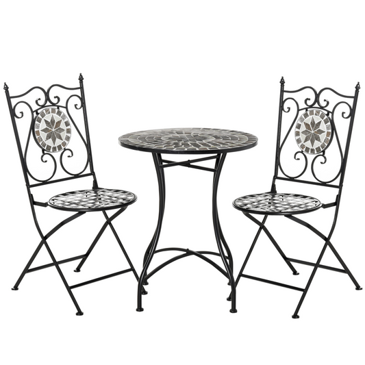 3Pc Mosaic Tile Garden Bistro Set Folding Chairs