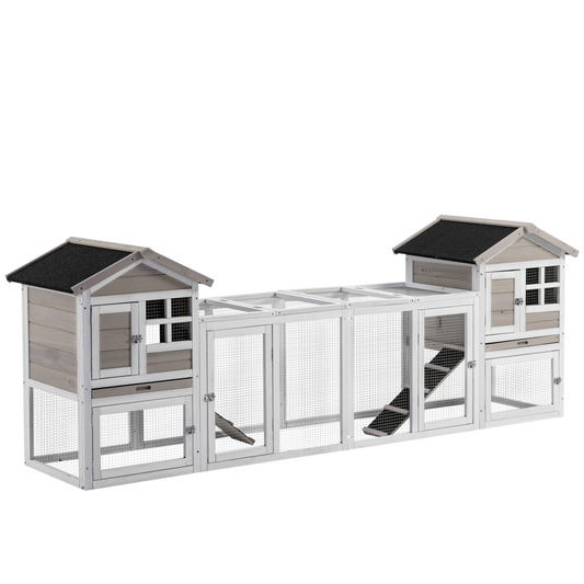 2-In-1 Wooden Rabbit Hutch with Double House, Run Box, Slide-Out Tray, Ramp
