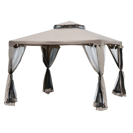 Outsunny Outdoor Gazebo, 2-tier Roof with Netting, 295L x 295W x 263Hcm-Taupe
