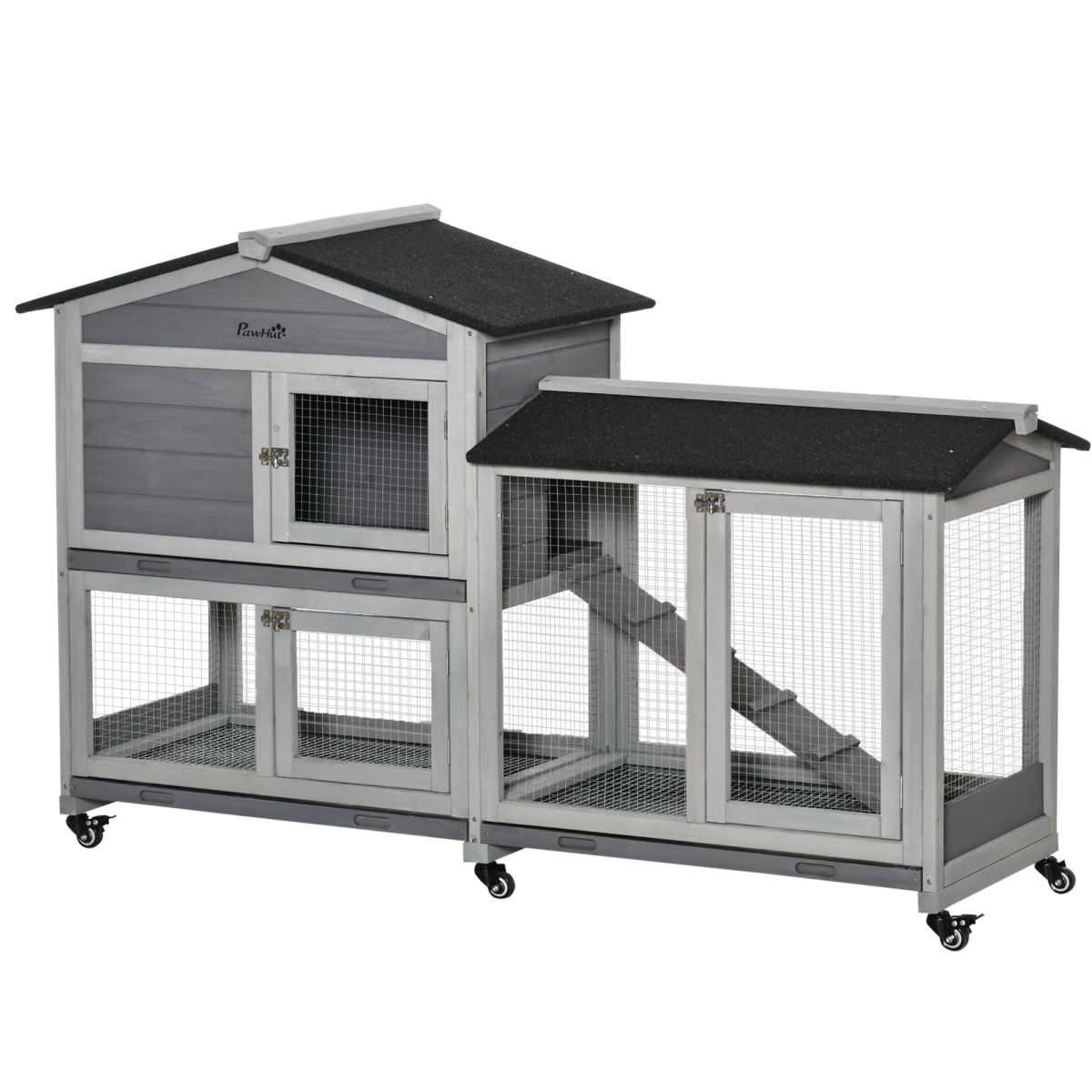Wooden Rabbit Hutch, Guinea Pig Cage w/ Wheels, Slide-Out Tray, Ramp Light Grey