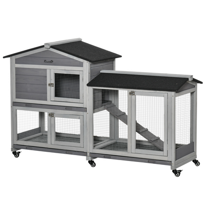 Wooden Rabbit Hutch, Guinea Pig Cage w/ Wheels, Slide-Out Tray, Ramp Light Grey